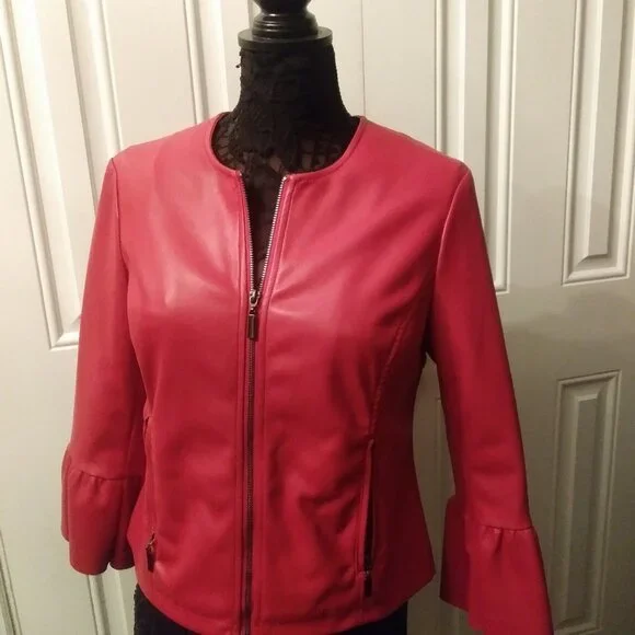 Red Faux Leather Pleather Jacket Collarless Ruffle Sleeve Alfani Petite Medium - Picture 5 of 10